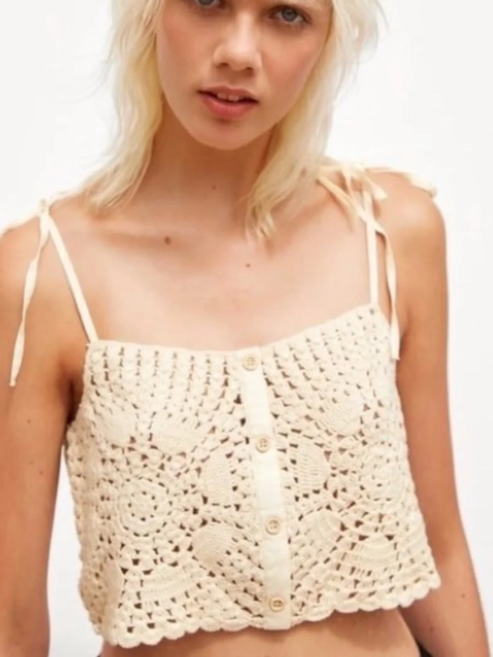 Zara Crochet Tie-Shoulder Crop Top in Cream - Picture 1 of 4